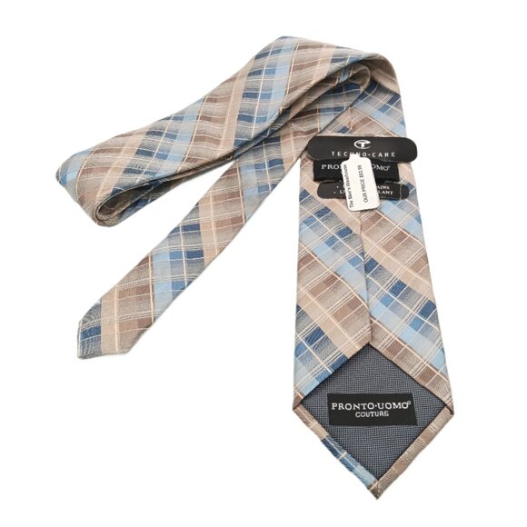 Show Time Tie Pronto Uomo Couture Silk Tie Men’s XL 64” Taupe Blue Plaid Woven Classic New